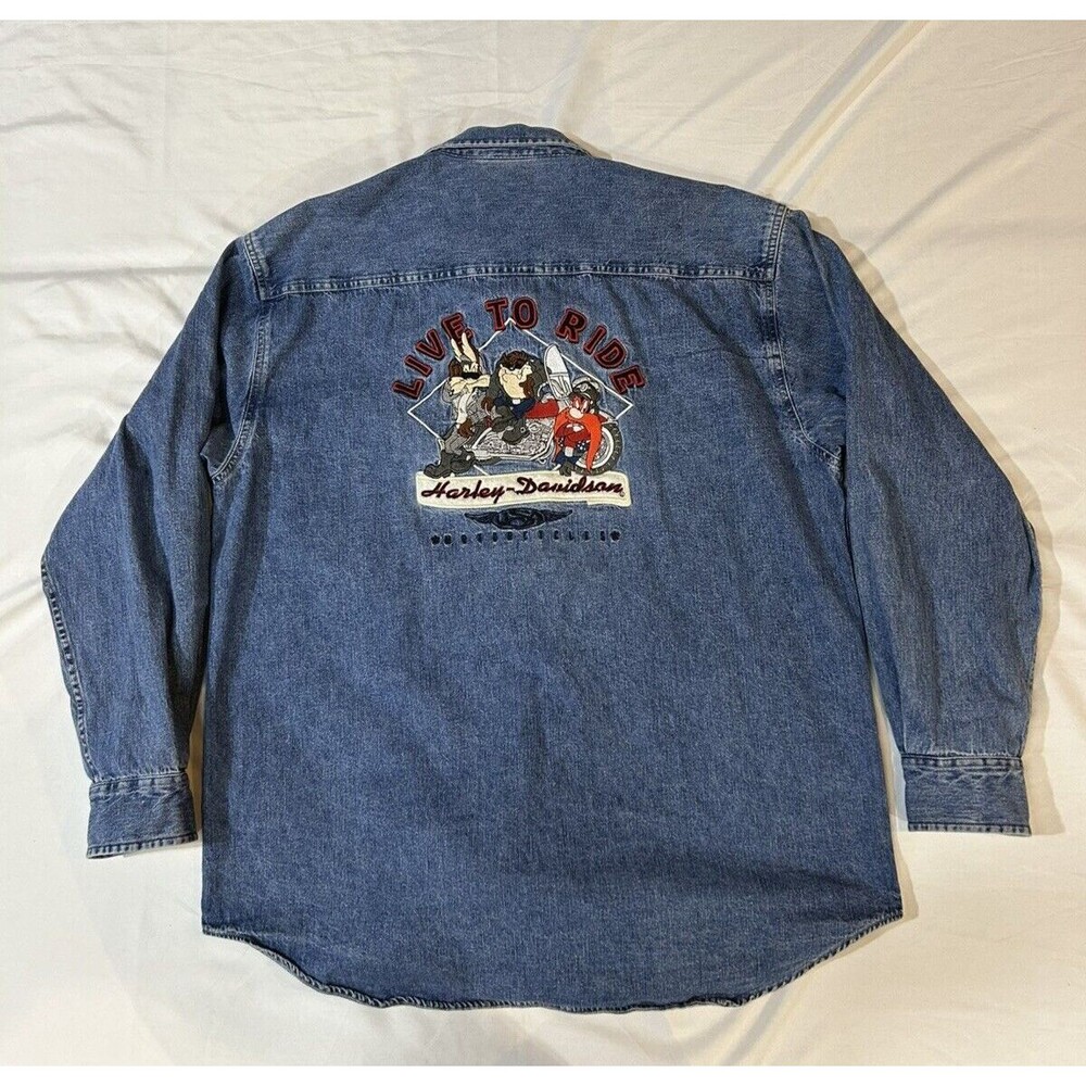 Harley Davidson Warner Bros Looney Tunes "Live To Ride"  Denim Shirt Sz Med H2